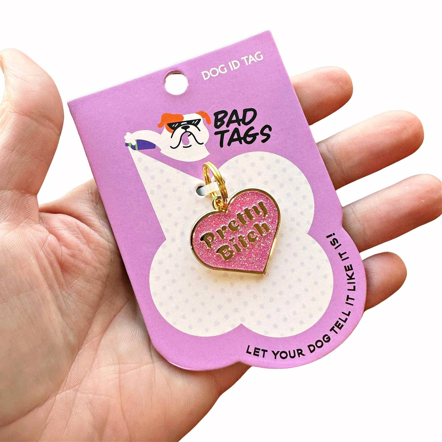 Pink Glitter Heart Shaped Gold Dog Tag - Pretty Bitch