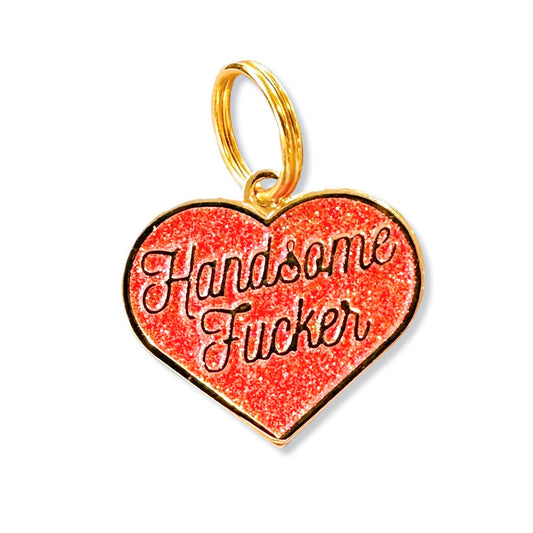 Red Glitter Heart Shaped Gold Dog Tag  - Handsome Fucker 