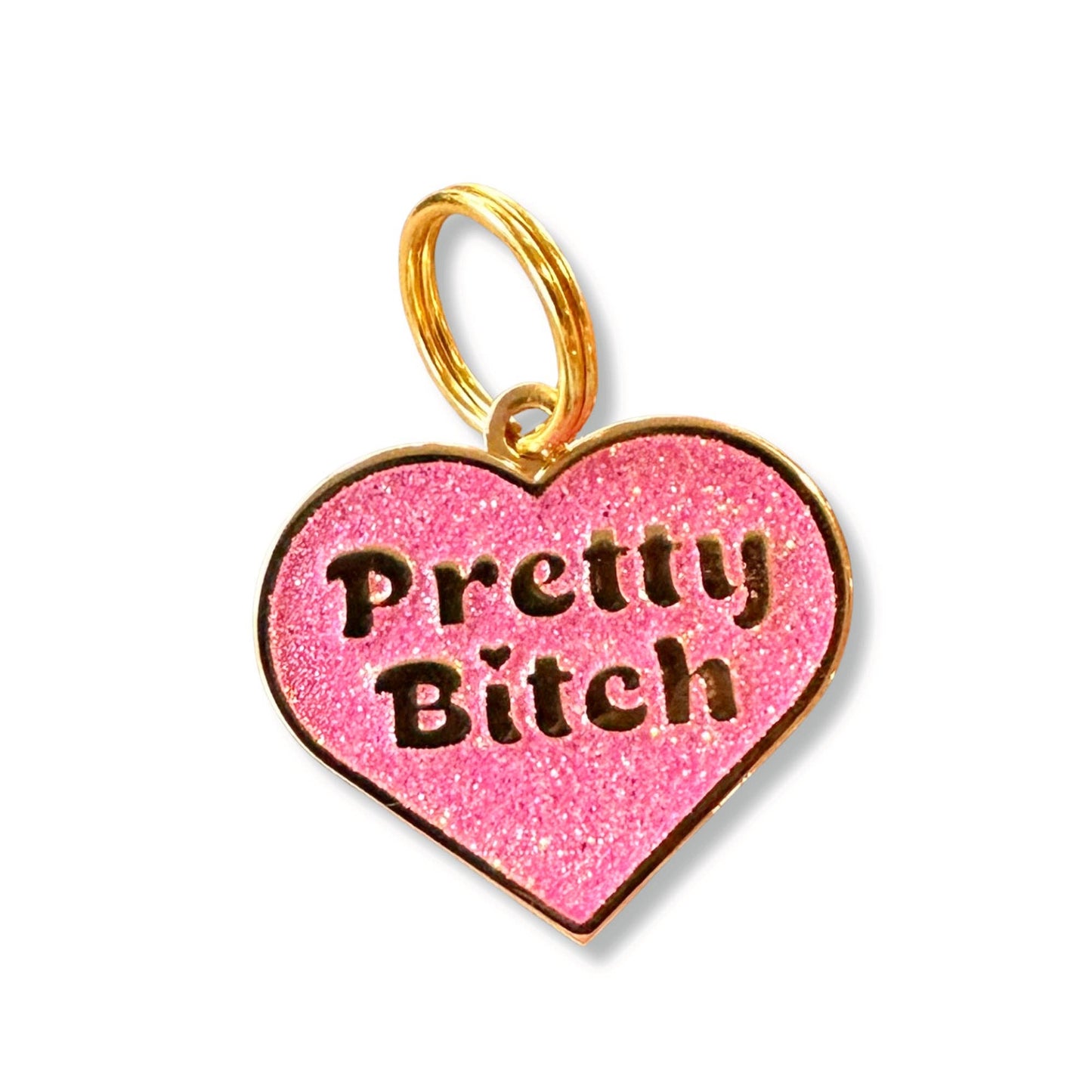 Pink Glitter Heart Shaped Gold Dog Tag - Pretty Bitch