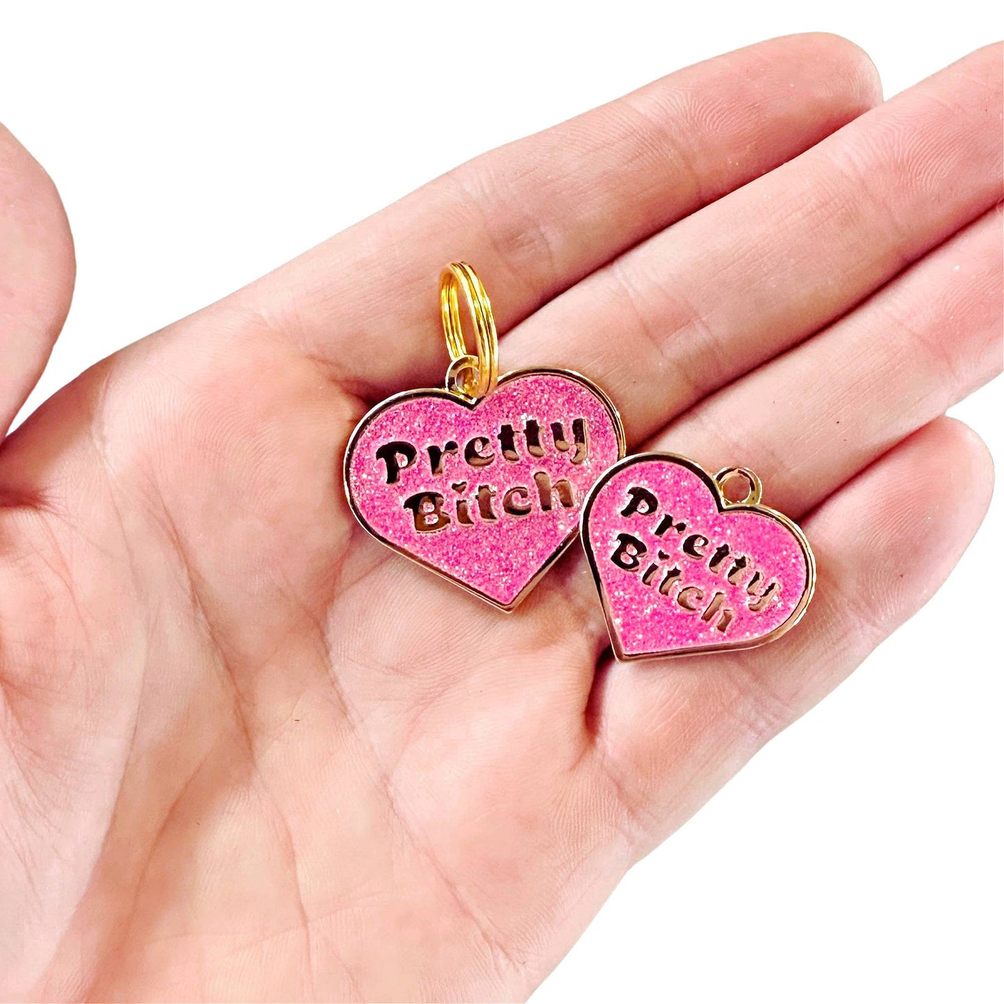 Pink Glitter Heart Shaped Gold Dog Tag - Pretty Bitch